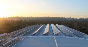 The curved roof of the Bunbury South West Sports Centre with 240 Supreme evacuated tubing solar panels