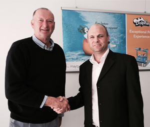 Pool Power owner and managing director Mark Gregerson with Maytronics managing director Dan Kwaczynski