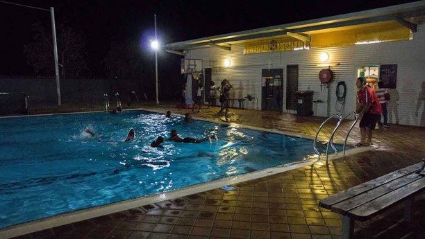 Fitzroy Crossing pool on a 30 degree Friday midnight. IMAGE: ABC 