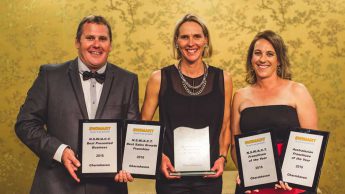 Andrew Morton (co-owner of Australasian Franchisee of the Year winner Swimart Charmhaven), Susie O’Neill, Olympic swimmer and Swimart ambassador and Hollie Morton (Swimart Charmhaven co-owner)